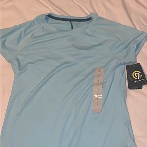 light blue champion workout shirt